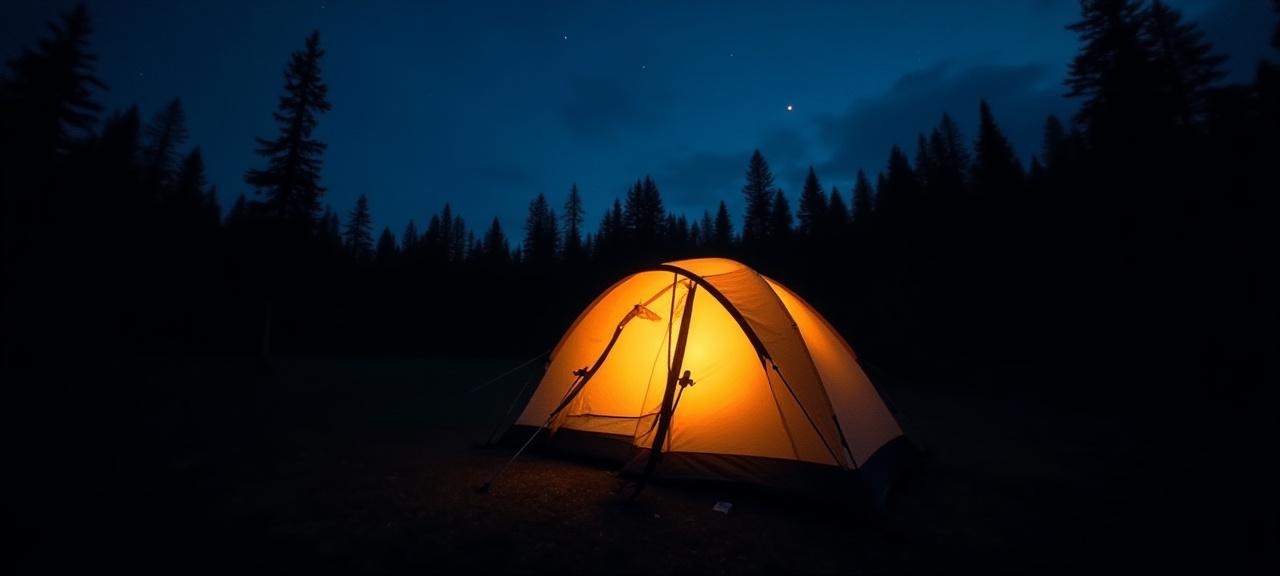 A tent illuminated from within at dusk in a forest clearing