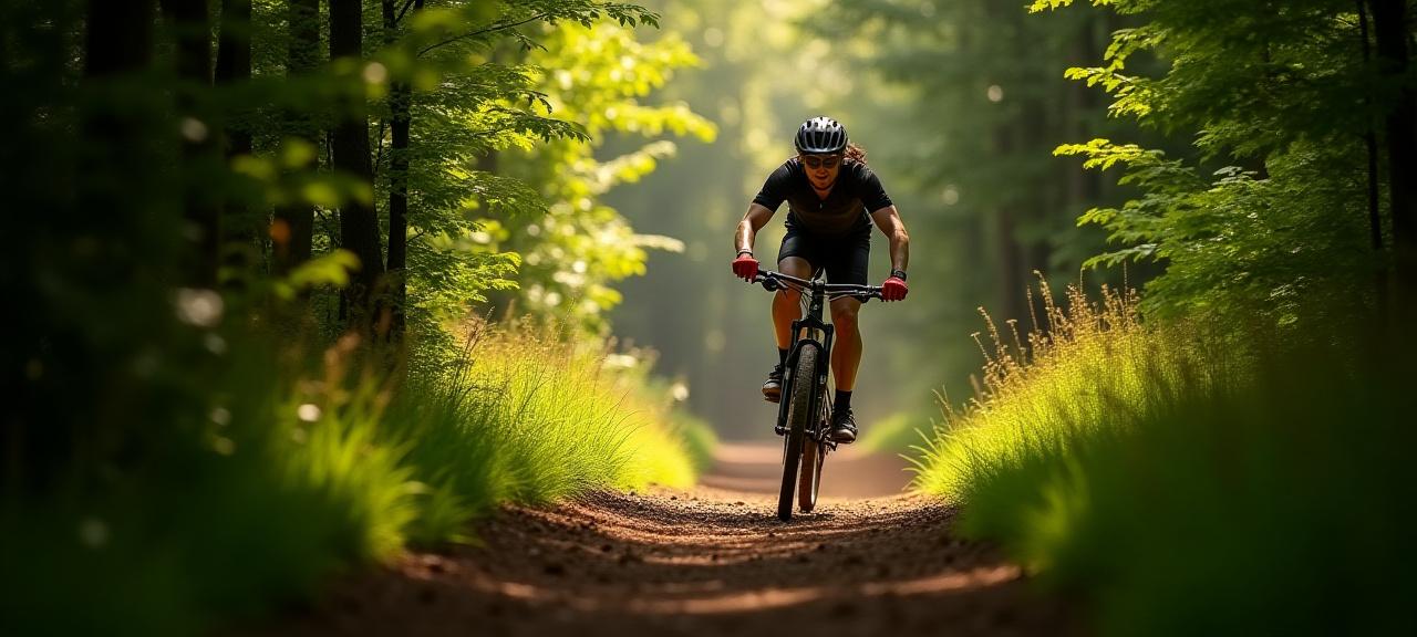 A mountain biker on a lush trail in the Don Valley