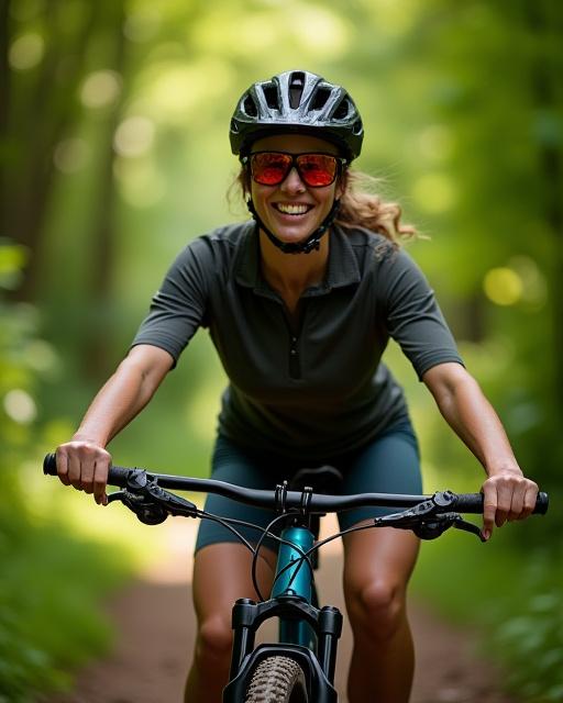 A smiling customer, Sarah K., with her new mountain bike on a trail in Don Valley