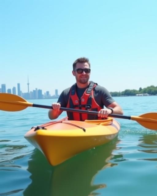 A customer, Michael B., paddling his kayak near Cherry Beach