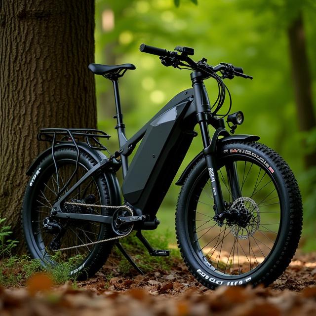 A sleek all-terrain e-bike leaning against a tree