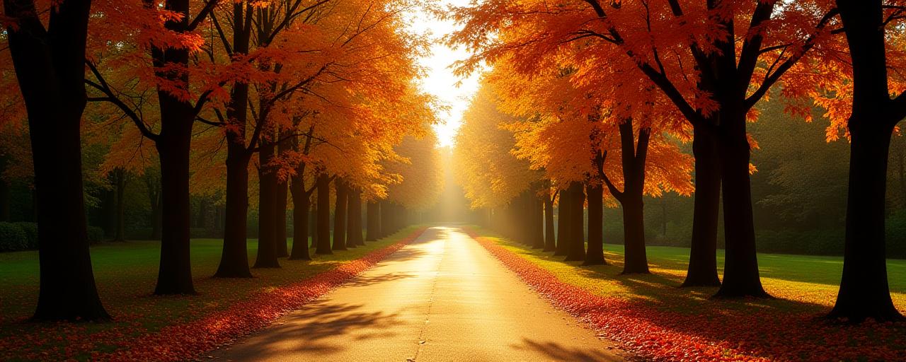 A sunlit walking path through High Park in autumn